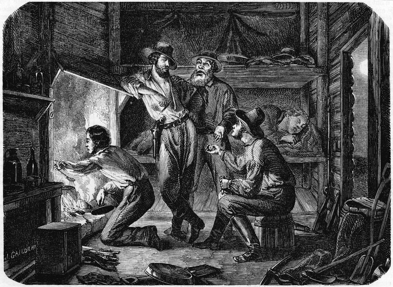 Mineiros nos campos de ouro da Califórnia relaxando em sua cabana de madeira à noite, 1853 de Unbekannt