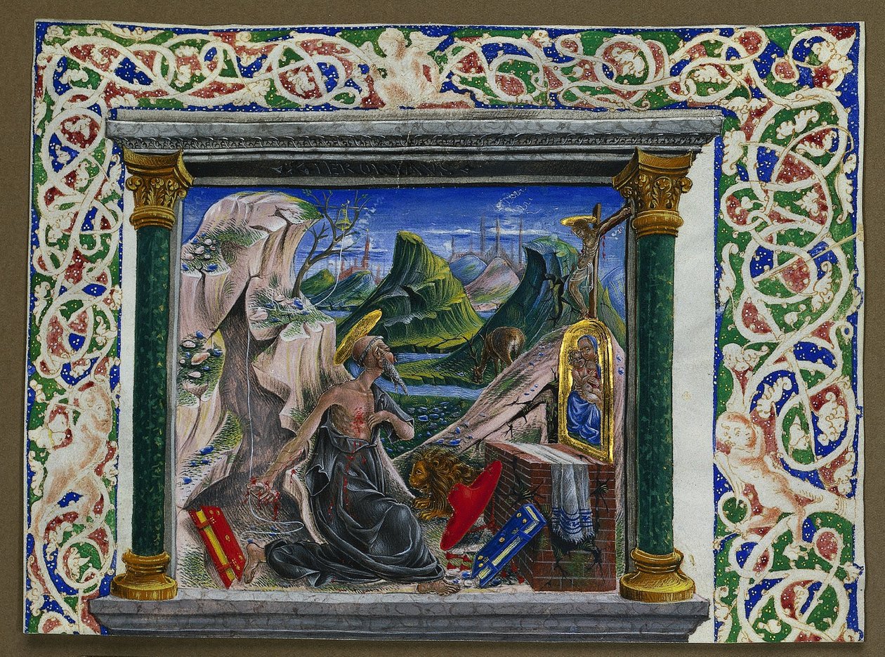 Miniatura retirada de um manuscrito: São Jerônimo no Deserto, c. 1500. de Unbekannt