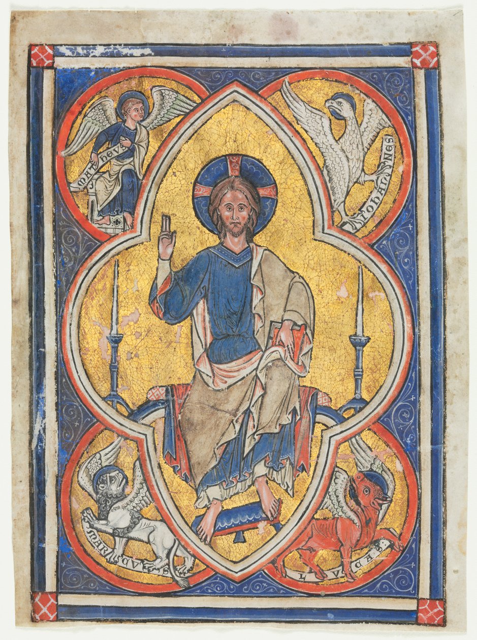 Miniatura Excisada de Saltério: Cristo em Majestade com Símbolos dos Quatro Evangelistas, c. 1235 de Unbekannt