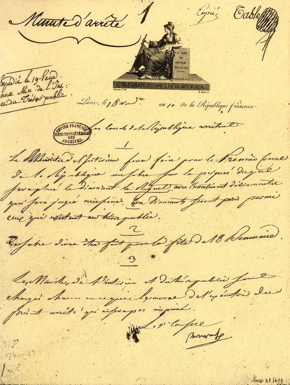 Ordem ministerial referente a ... um ... sabre para o Primeiro Cônsul, 10 de outubro de 1801, 1921. de Unbekannt