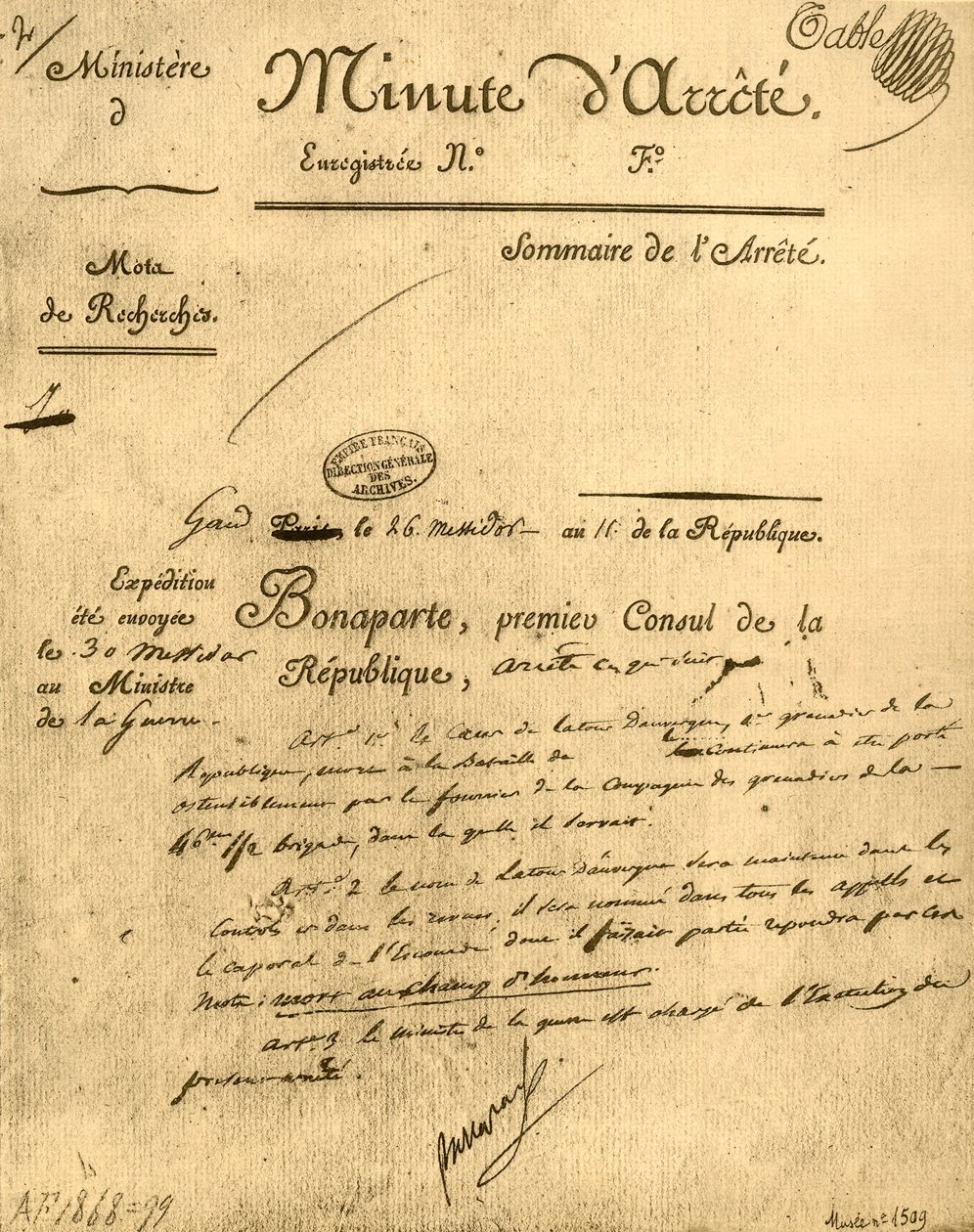 Ordem ministerial sobre La Tour d&39;Auvergne, 15 de julho de 1803, 1921. de Unbekannt