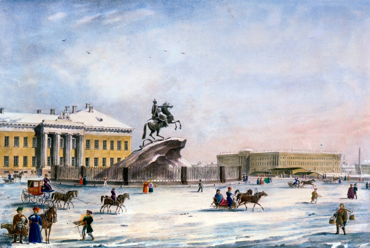 Monumento de Pedro, o Grande, na Praça do Senado, em São Petersburgo, Rússia, inverno, 1822 de Unbekannt