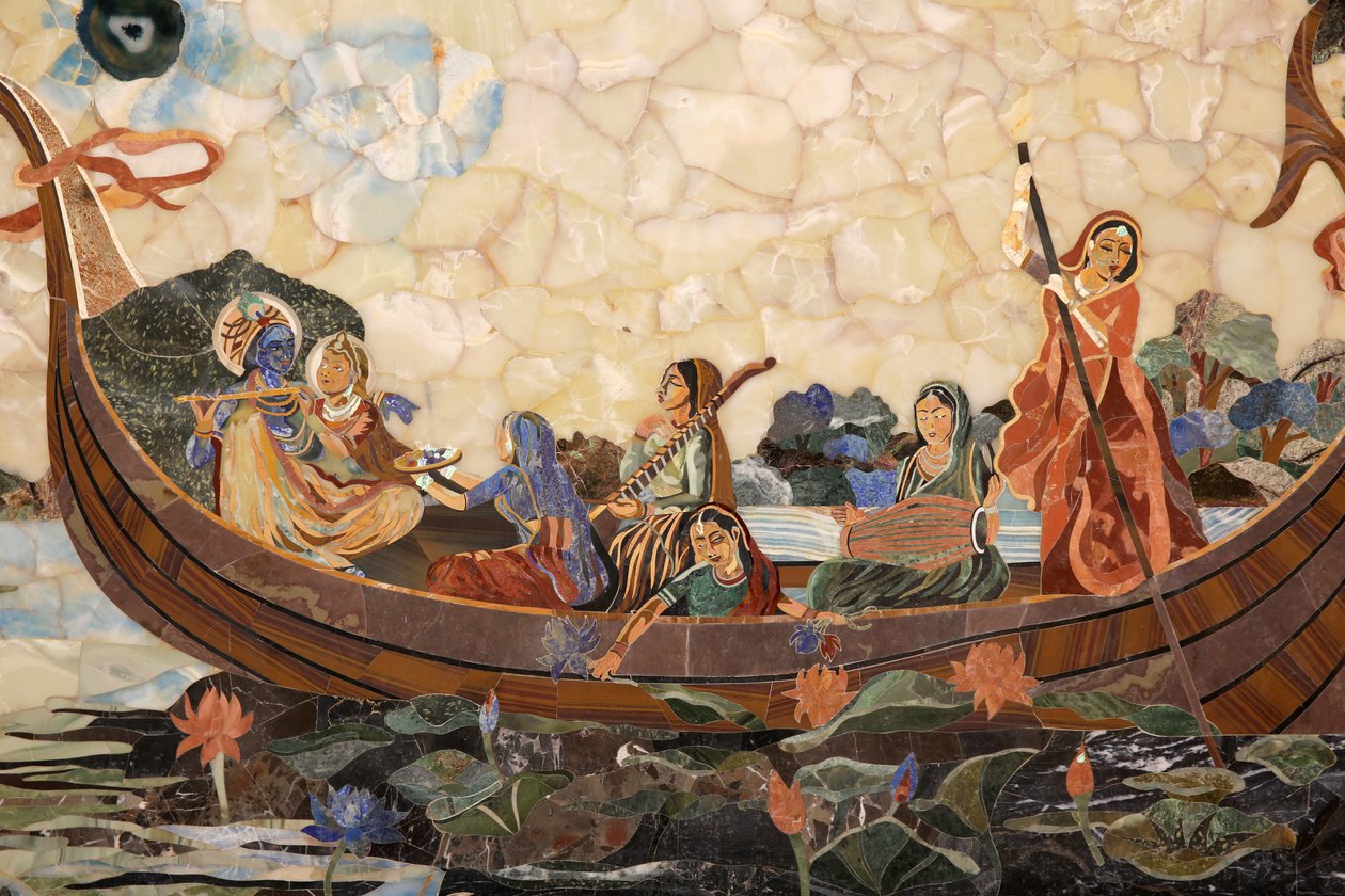 Mosaico representando o deus hindu Krishna com gopis em um barco . Índia de Unbekannt