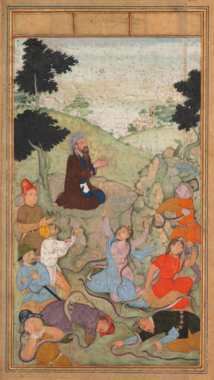 Moisés orando para acabar com o ataque das serpentes contra os israelitas, de um Mirat al-quds ..., 1602-1604. de Unbekannt