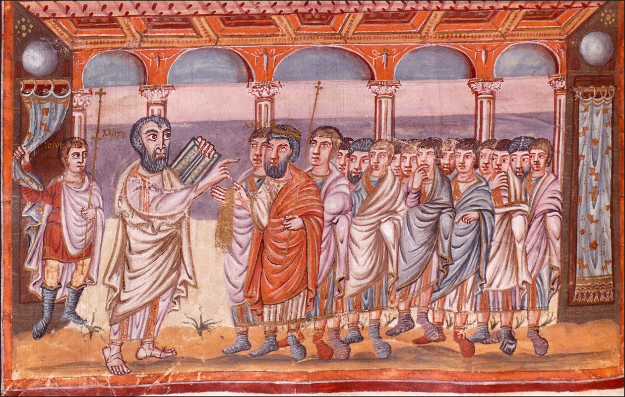 Moisés recebendo as tábuas da lei Miniatura da Bíblia Moutier-Grandval, ca 830-ca 840 de Unbekannt