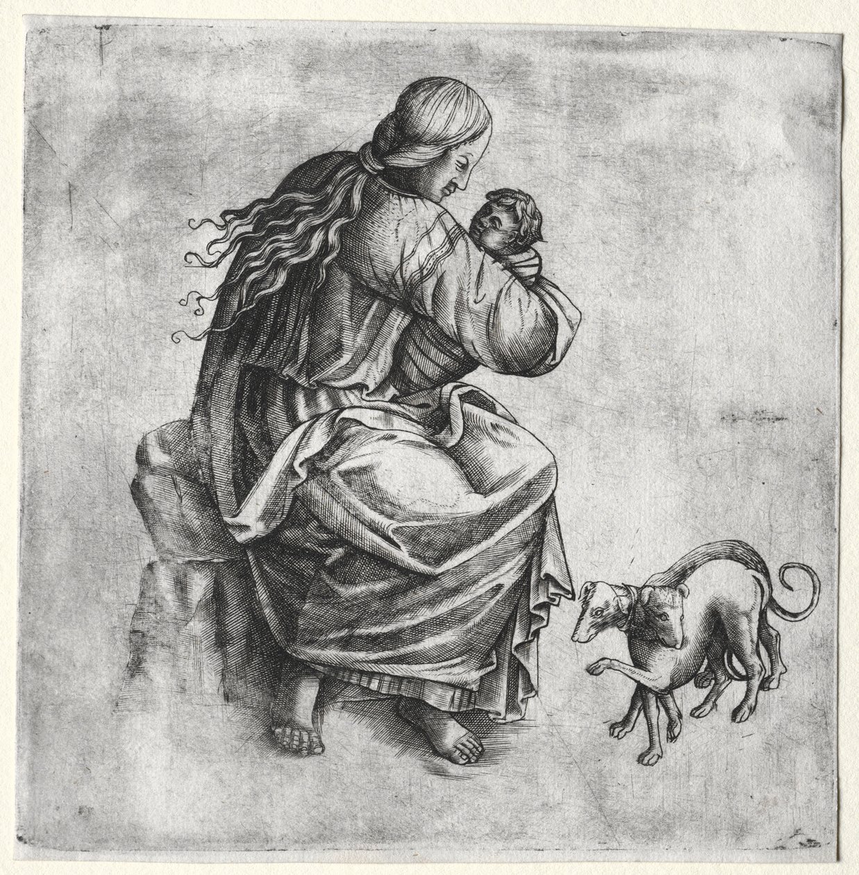 Mãe e filho com dois cães, final dos anos 1400. de Unbekannt