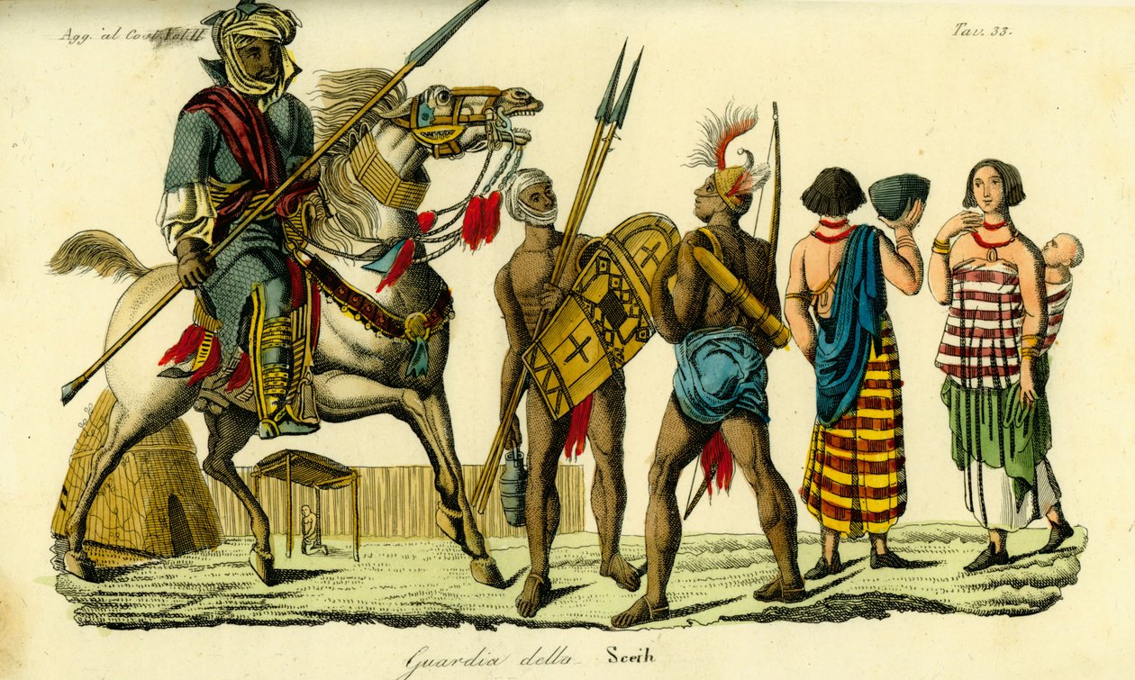 Guarda-costas montado para o Xeque de Bornu junto com o lancer Kanembu e o arqueiro Munga, Império Kanem-Bornu de Unbekannt