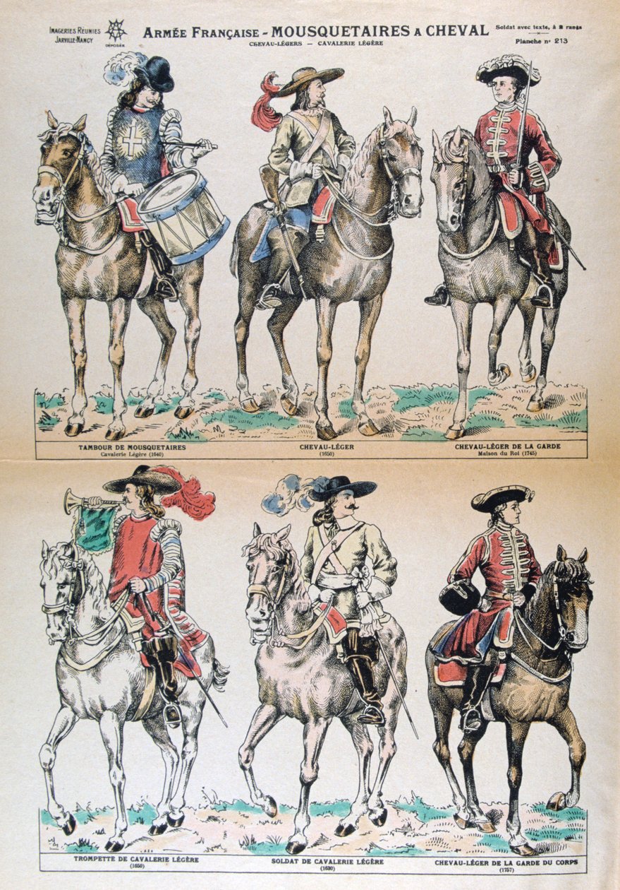 Mousquetaires um século XVII de Cheval. Uniformes do exército francês. Litografia em cores. Coleção privada de Unbekannt