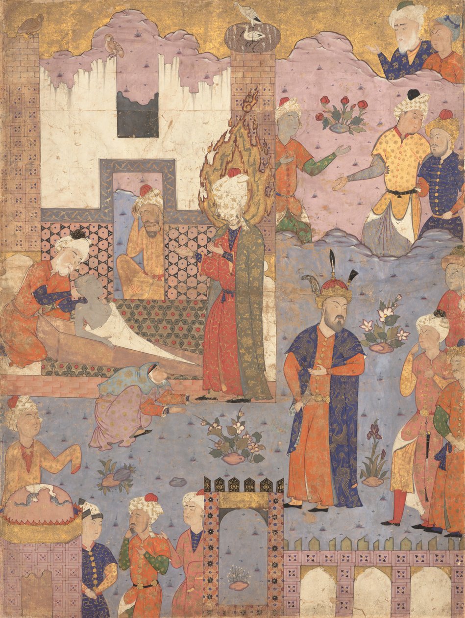 Muhammad revive o menino doente, fólio de um livro de presságios de Falnama de Ja