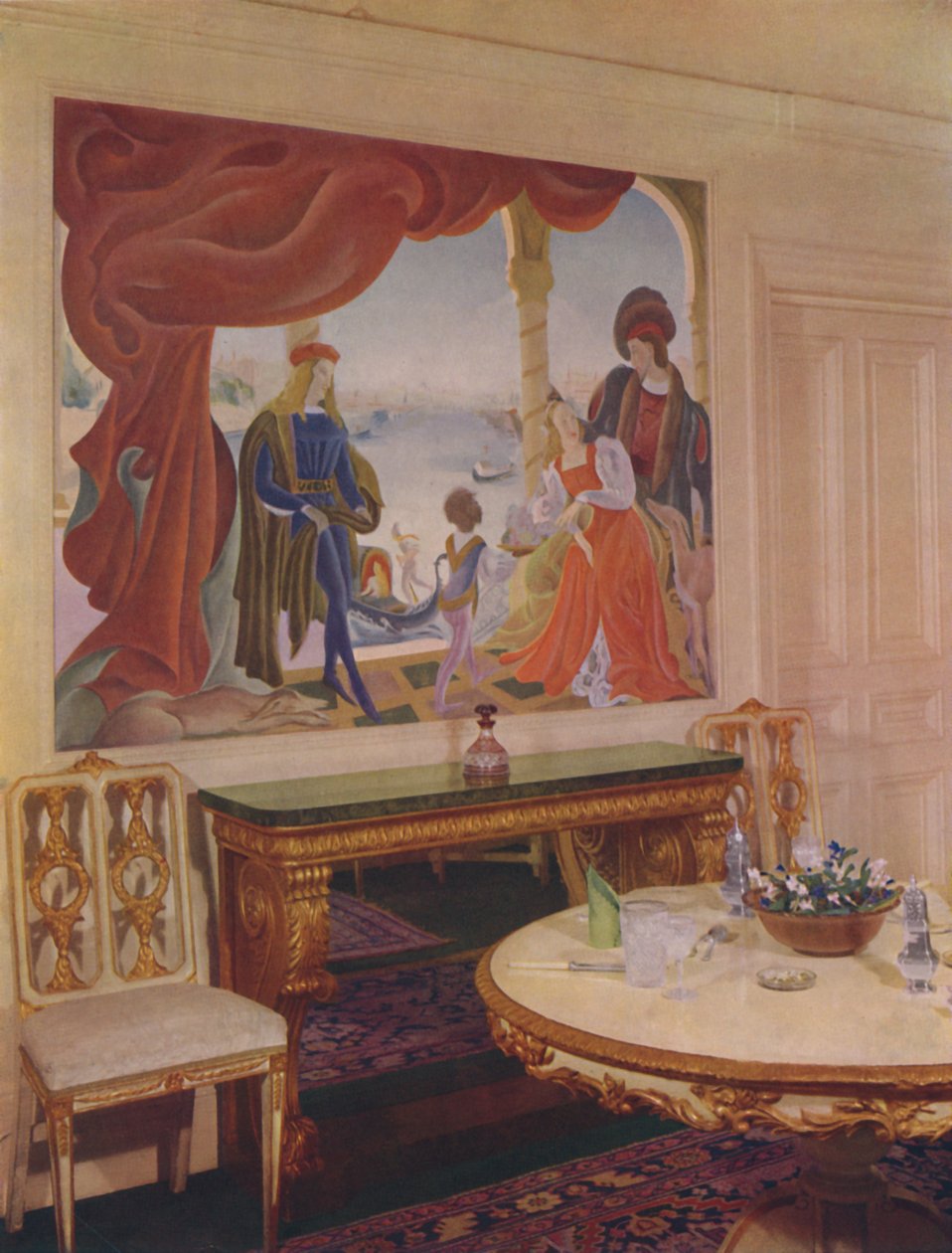 Mural de Beatrice MacDermott, representando uma cena veneziana e emoldurado em um dos painéis da sala de jantar de Unbekannt