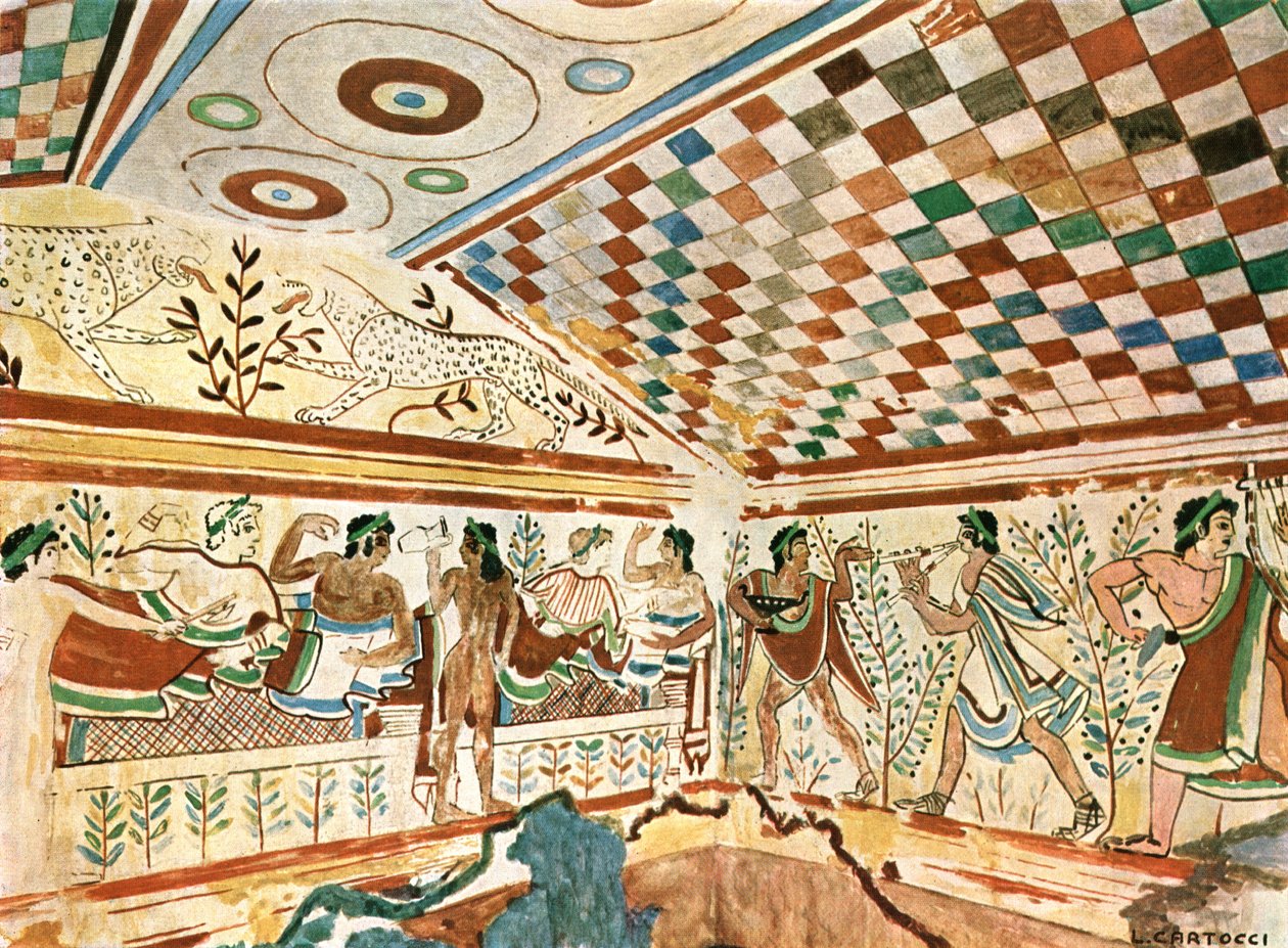 Pintura mural no túmulo dos leopardos Túmulo dos leopardos em Tarquinia, Itália, 1928. de Unbekannt