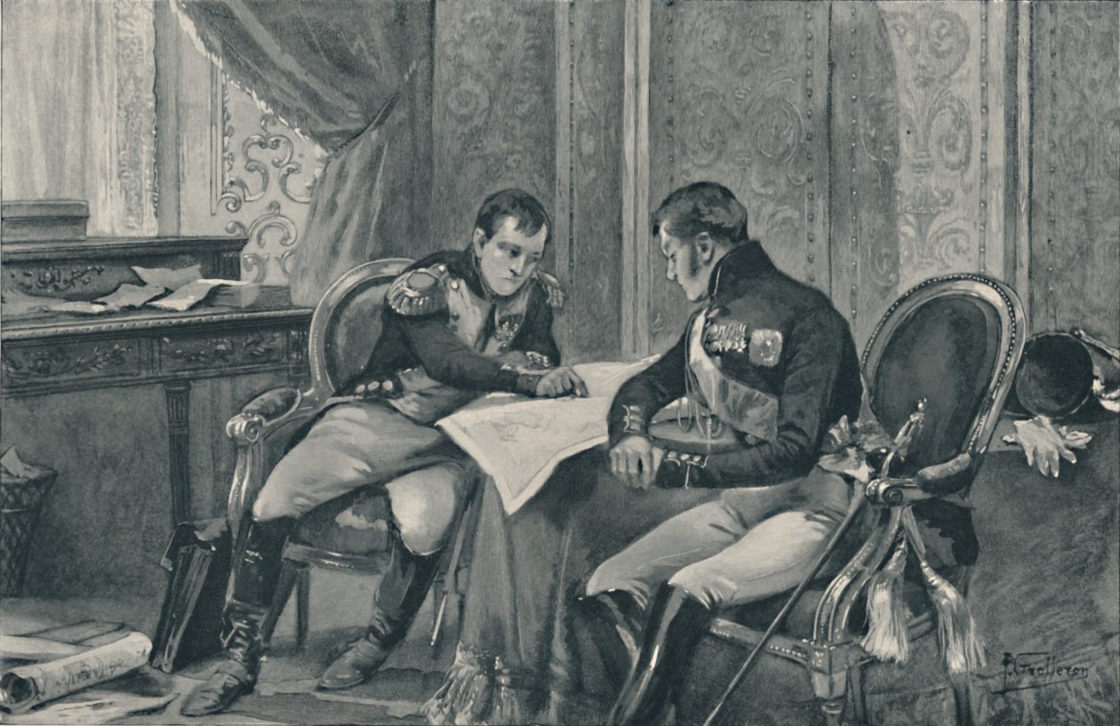 Napoleão e Alexandre em Tilsit, estudando o mapa da Europa, 1807, 1896 de Unbekannt