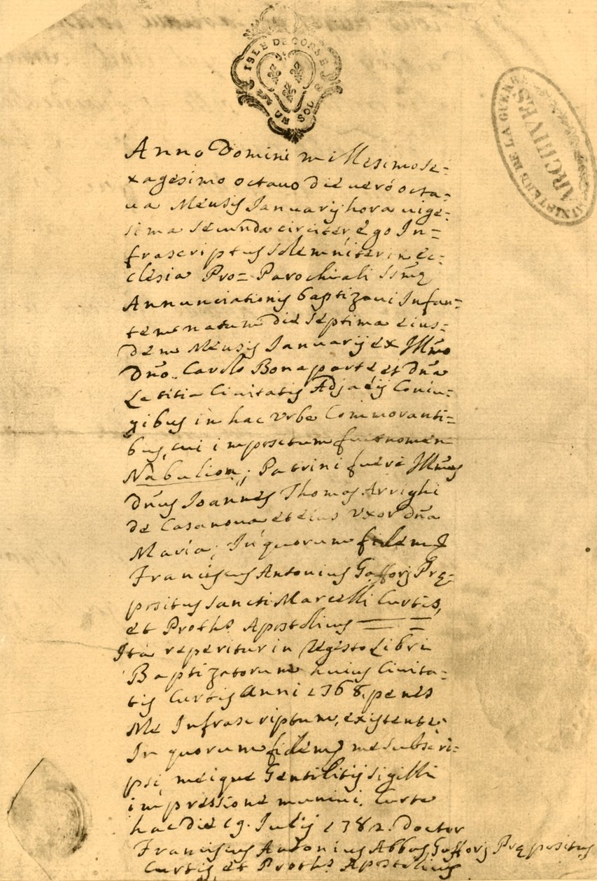 Certidão de nascimento de Napoleão, 21 de julho de 1771, 1921. de Unbekannt