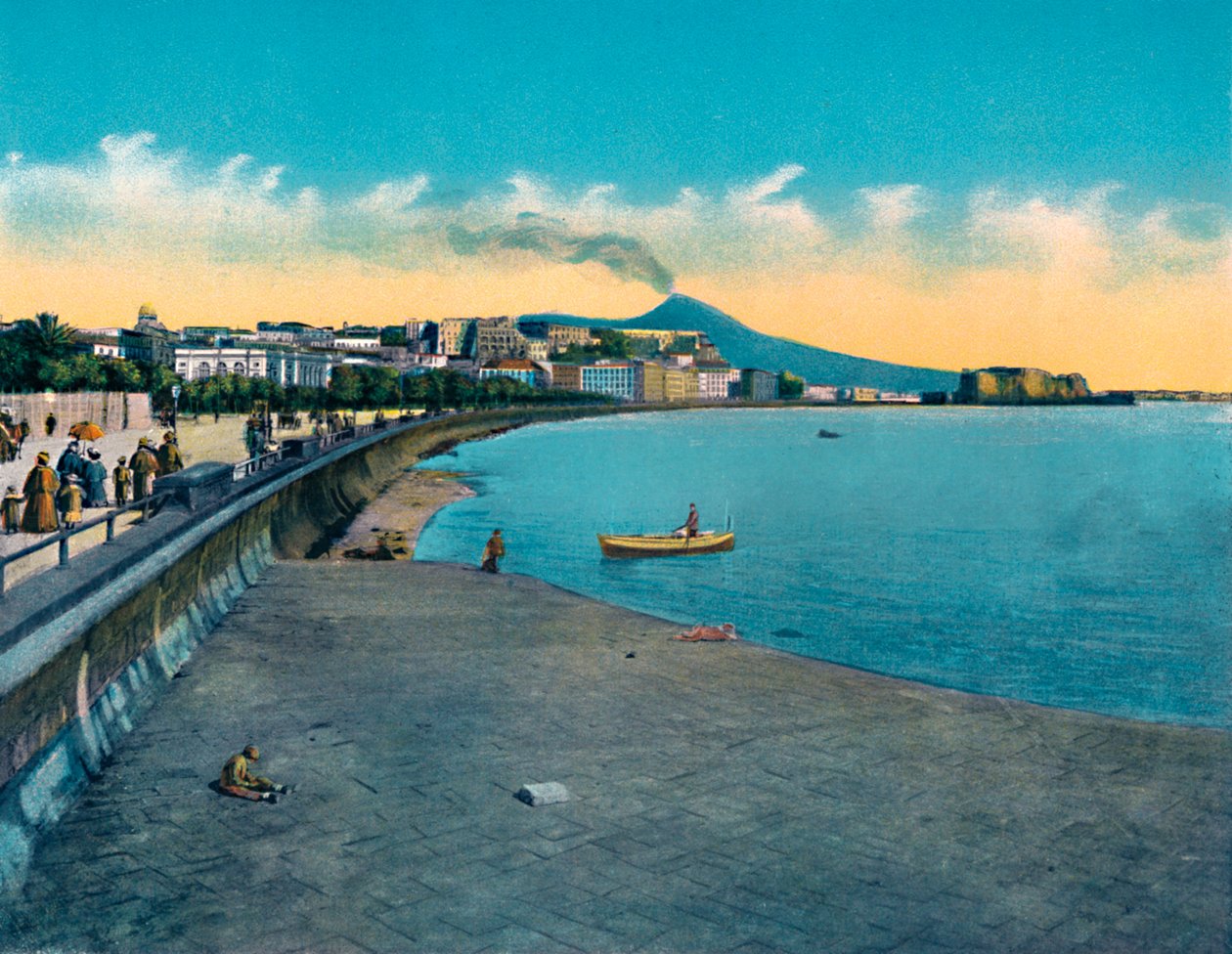 Nápoles - castelo DellOvo e via Caracciolo com o Vesúvio, c1900. de Unbekannt