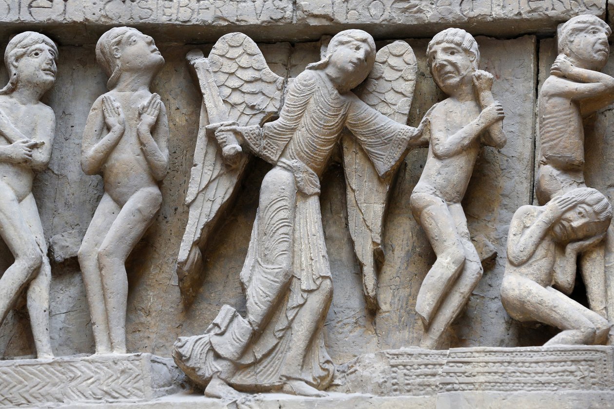 Museu Nacional de Monumentos Franceses. Catedral de Saint Lazare, Autun. Fachada ocidental. O Juízo Final. Elenco. Close-up, Paris, França. de Unbekannt