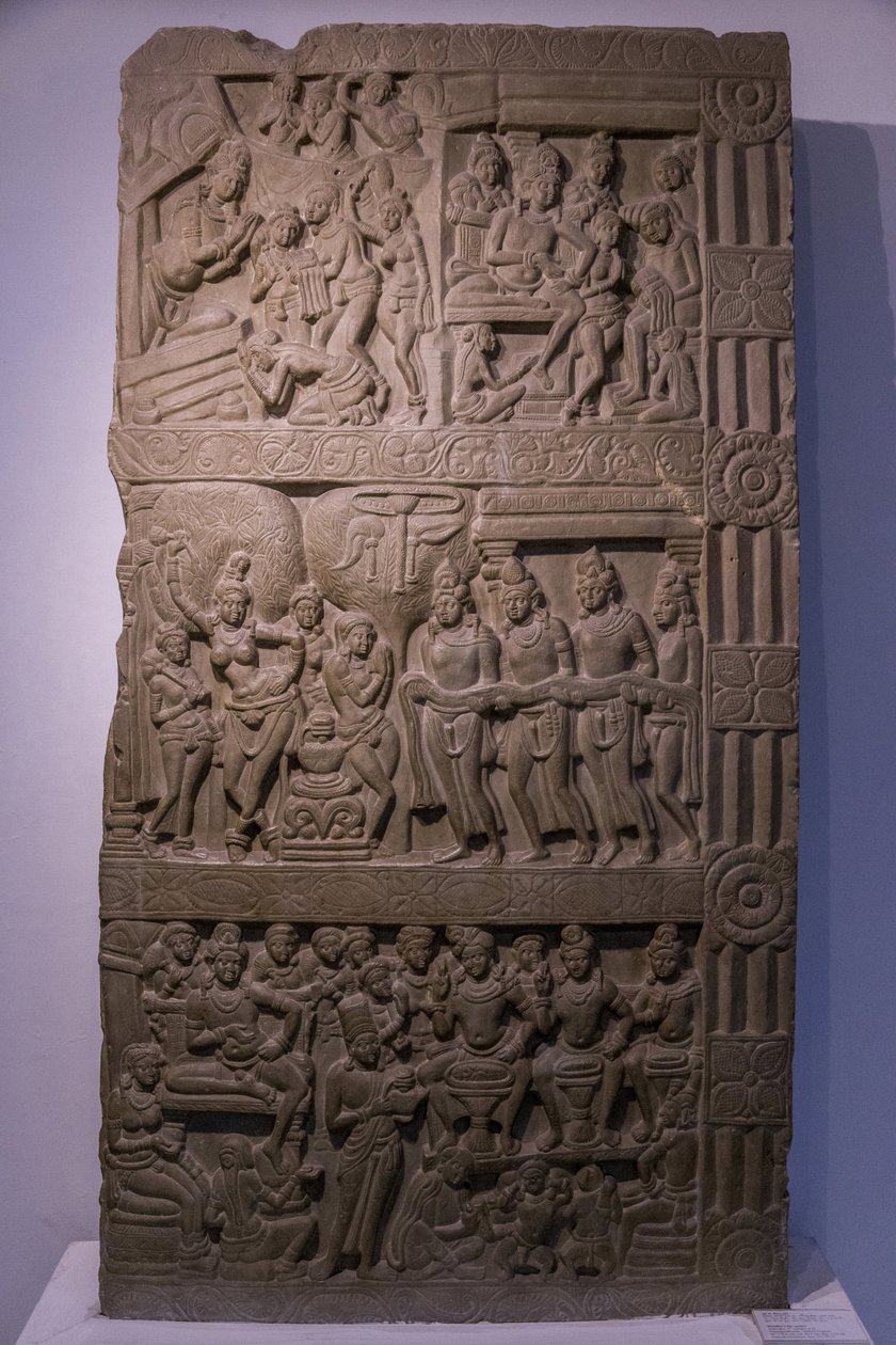 Museu Nacional da Índia, Nova Deli. As cenas de vida de Buda. Ikshvaku, século III d.C. Nagarjunakonda, Andhra Pradesh. Calcário acinzentado. Detalhe. Índia. de Unbekannt