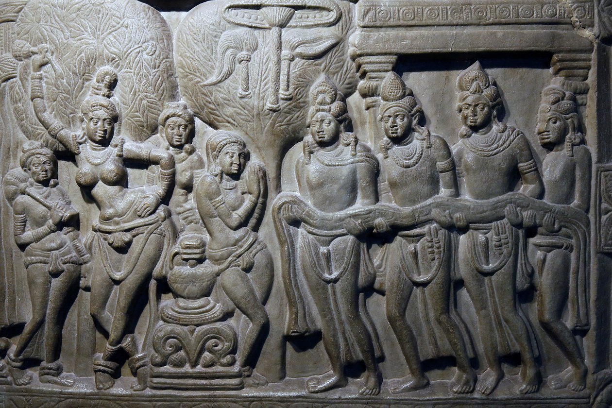 Museu Nacional da Índia, Nova Deli. As cenas de vida de Buda. Ikshvaku, século III d.C. Nagarjunakonda, Andhra Pradesh. Calcário acinzentado. Detalhe. Índia. de Unbekannt