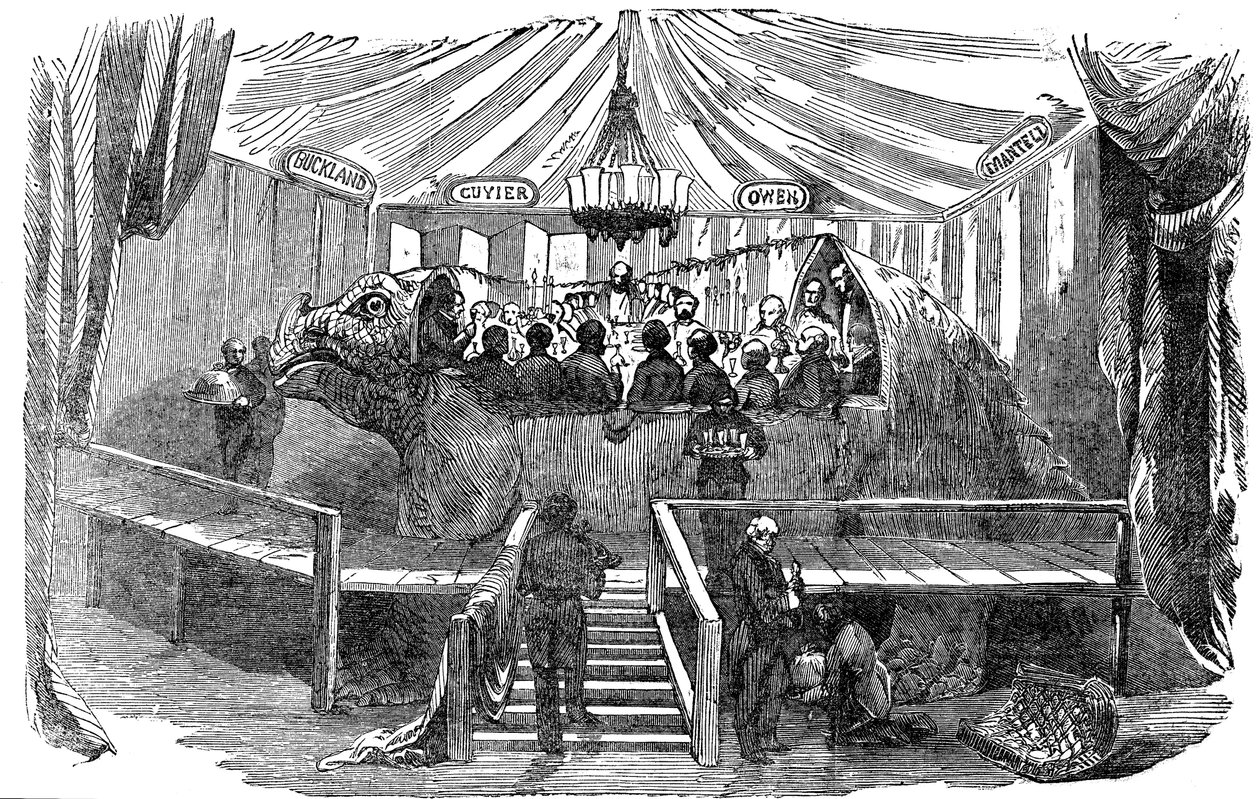 Naturalistas que jantam dentro de um modelo de dinossauro, Crystal Palace, Sydenham, véspera de ano novo, 1853 de Unbekannt