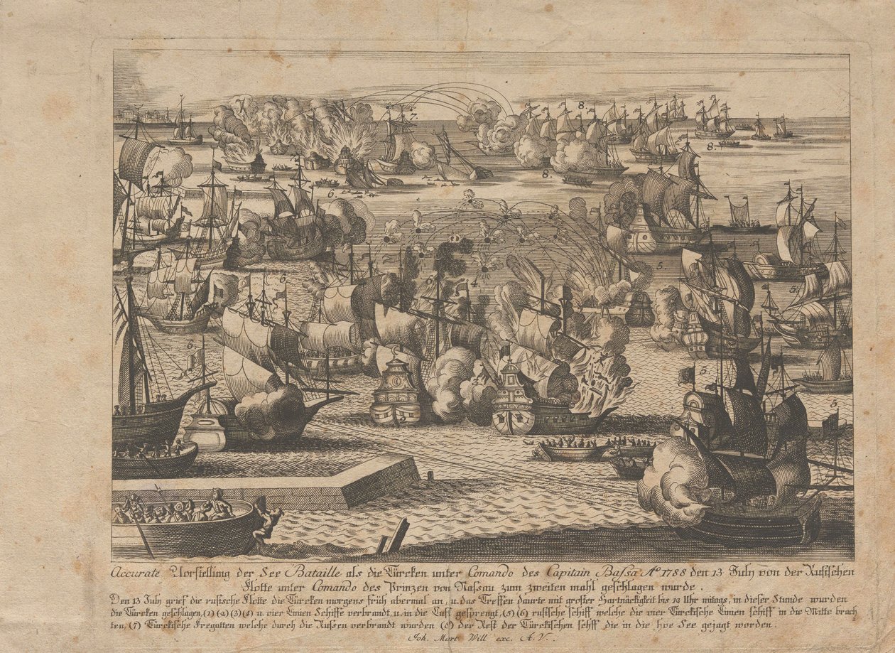 Batalha naval entre a frota russa e otomana em 13 de julho de 1788, 1788. de Unbekannt