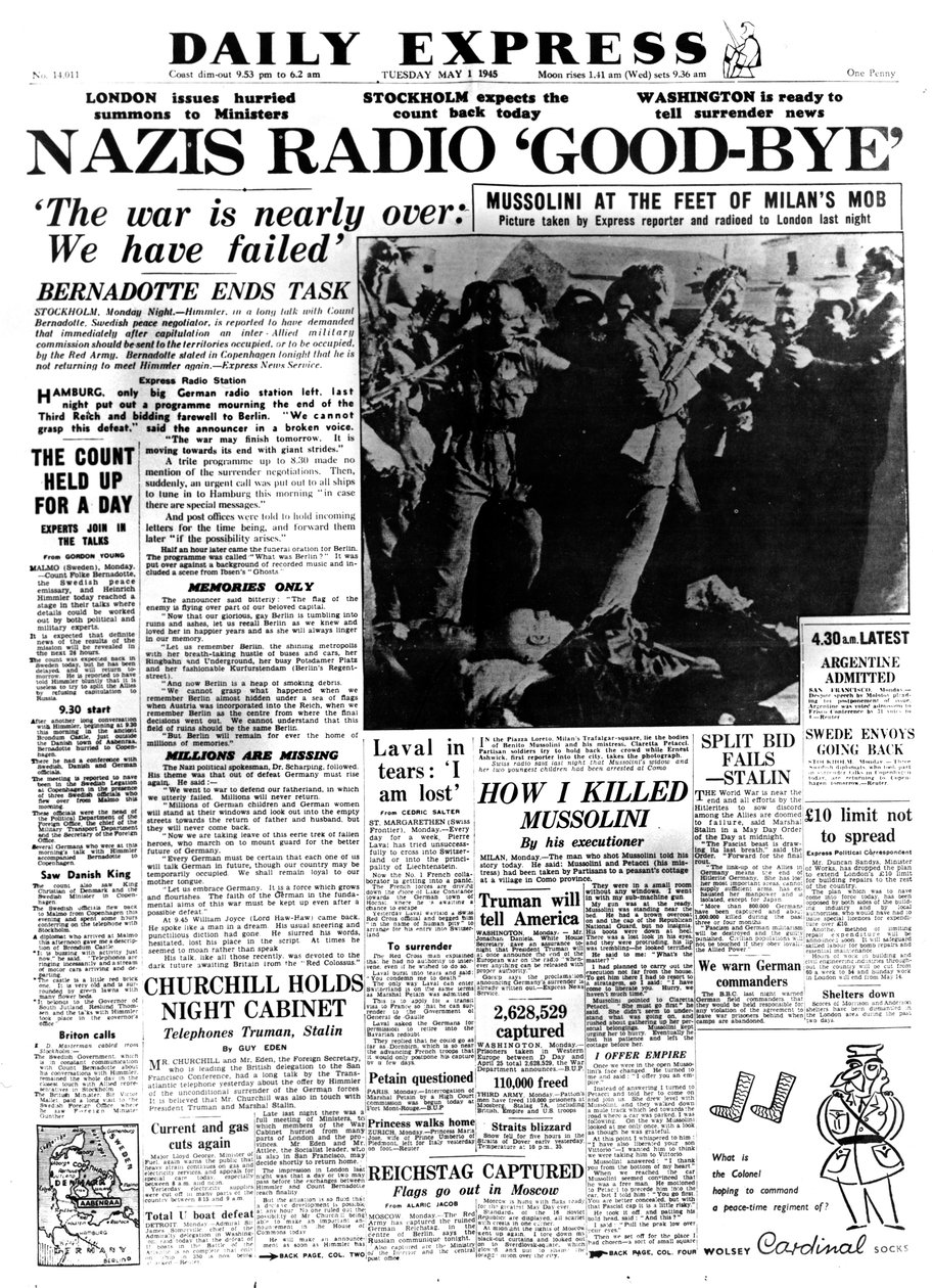 Rádio nazista Adeus, primeira página do Daily Express, 1 de maio de 1945 de Unbekannt