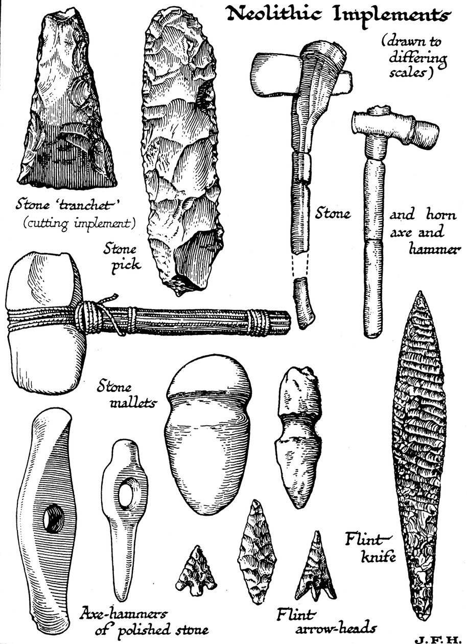 Instrumentos neolíticos de pedra, sílex e chifre, c1890 de Unbekannt