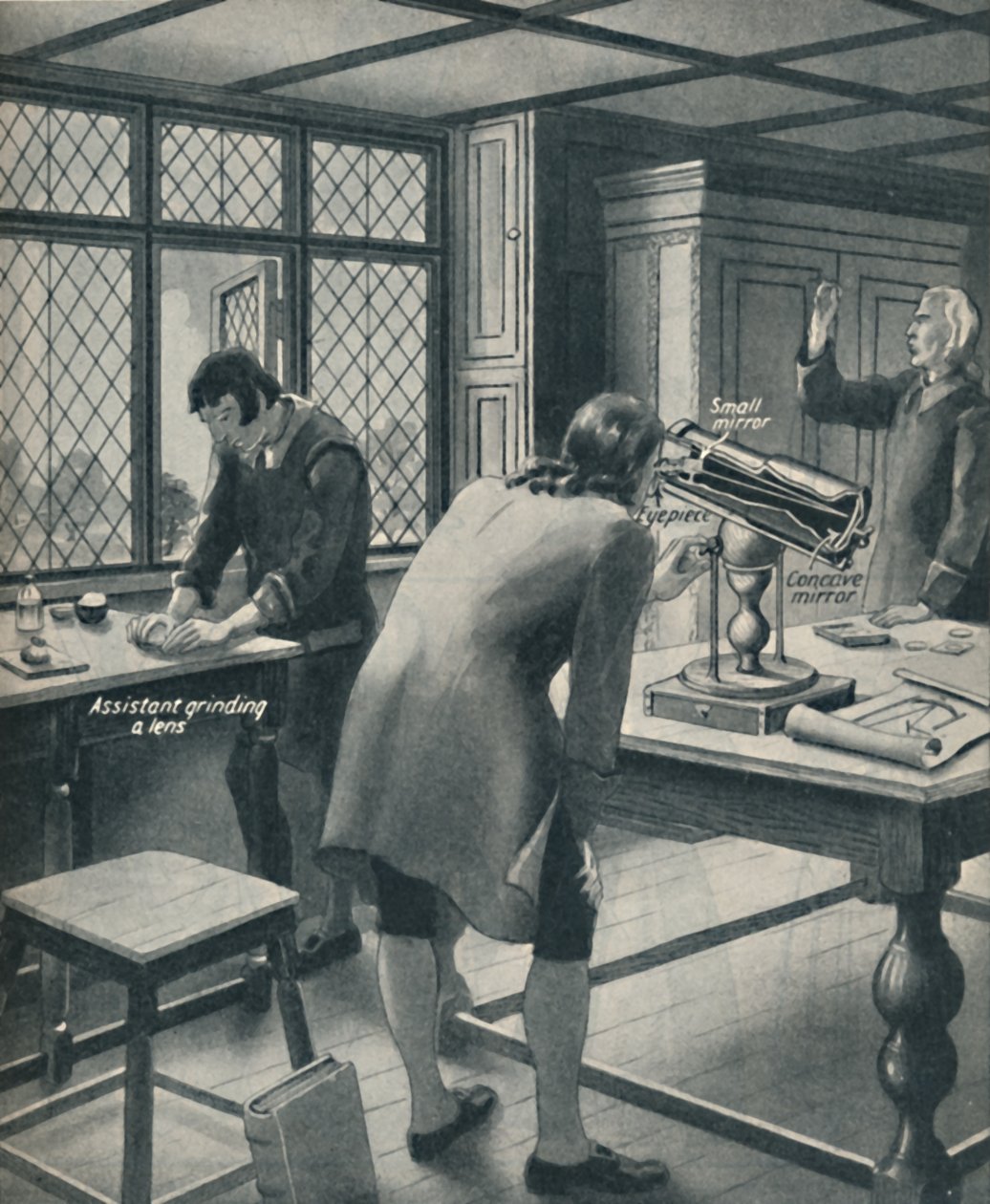 Newton inventa um novo telescópio, c1934 de Unbekannt