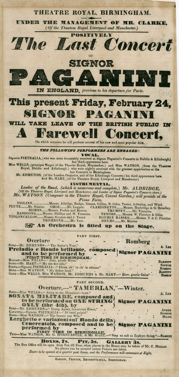 Niccolo Paganini - playbill de Unbekannt