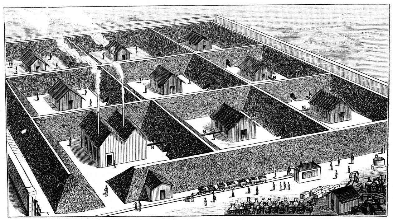 Planta de processamento de nitroglicerina, fábrica de explosivos, Val Bormida, perto de Cengio, Itália, 1888 de Unbekannt