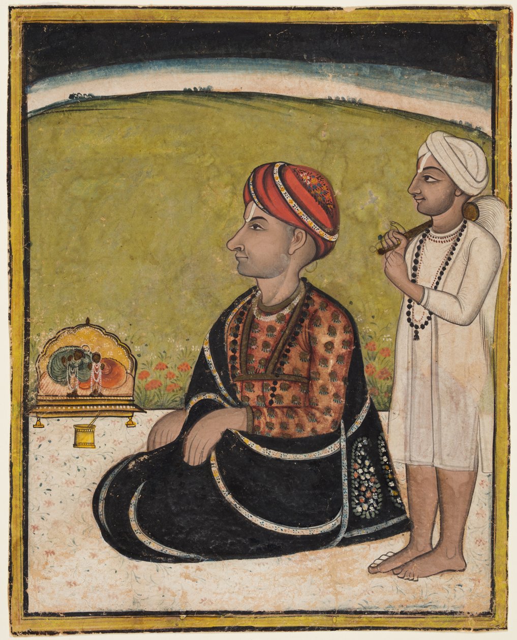Noble sentado em um parapeito ao ar livre, adorando um santuário de Krishna flutuando, c. 1800. de Unbekannt