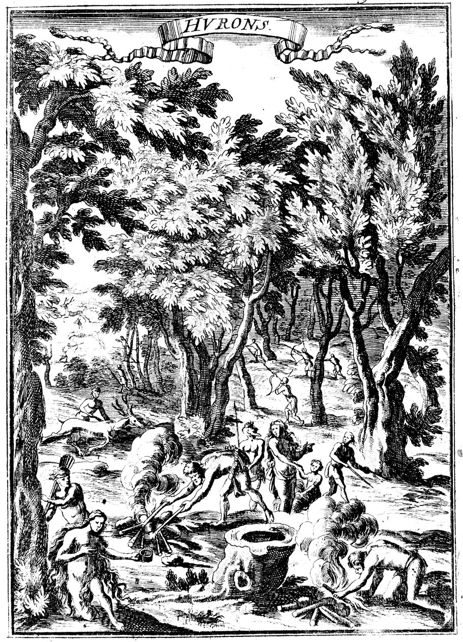 Índios norte-americanos Huron caçando e preparando comida na floresta, 1686 de Unbekannt