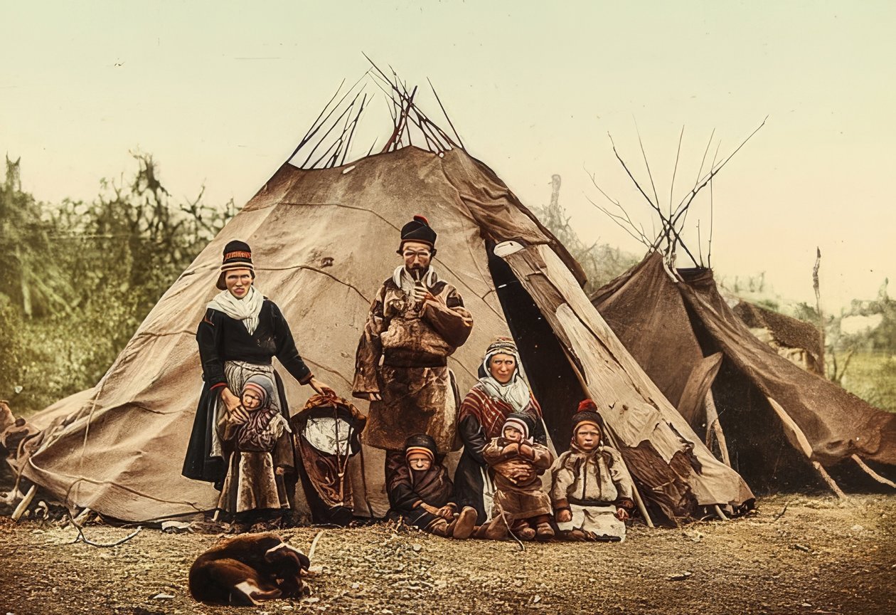 Noruega. Pano (semente) - família na frente de uma barraca. Por volta de 1900. Photochrom. Fotografia por Photoglob - Zurich de Unbekannt