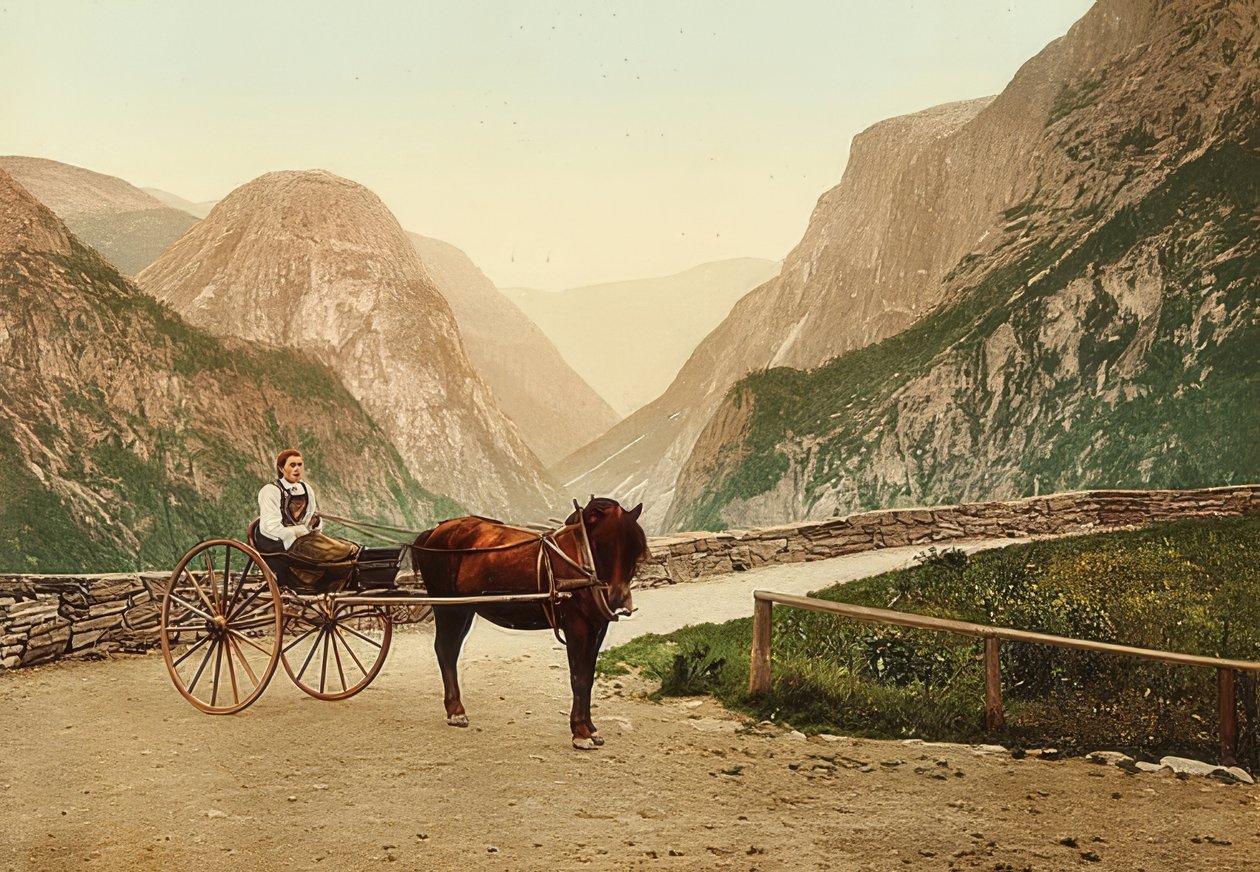 Camponesa norueguesa em uma carruagem do cavalo. Por volta de 1900. Photochrom. Fotografia por Photoglob - Zurich de Unbekannt