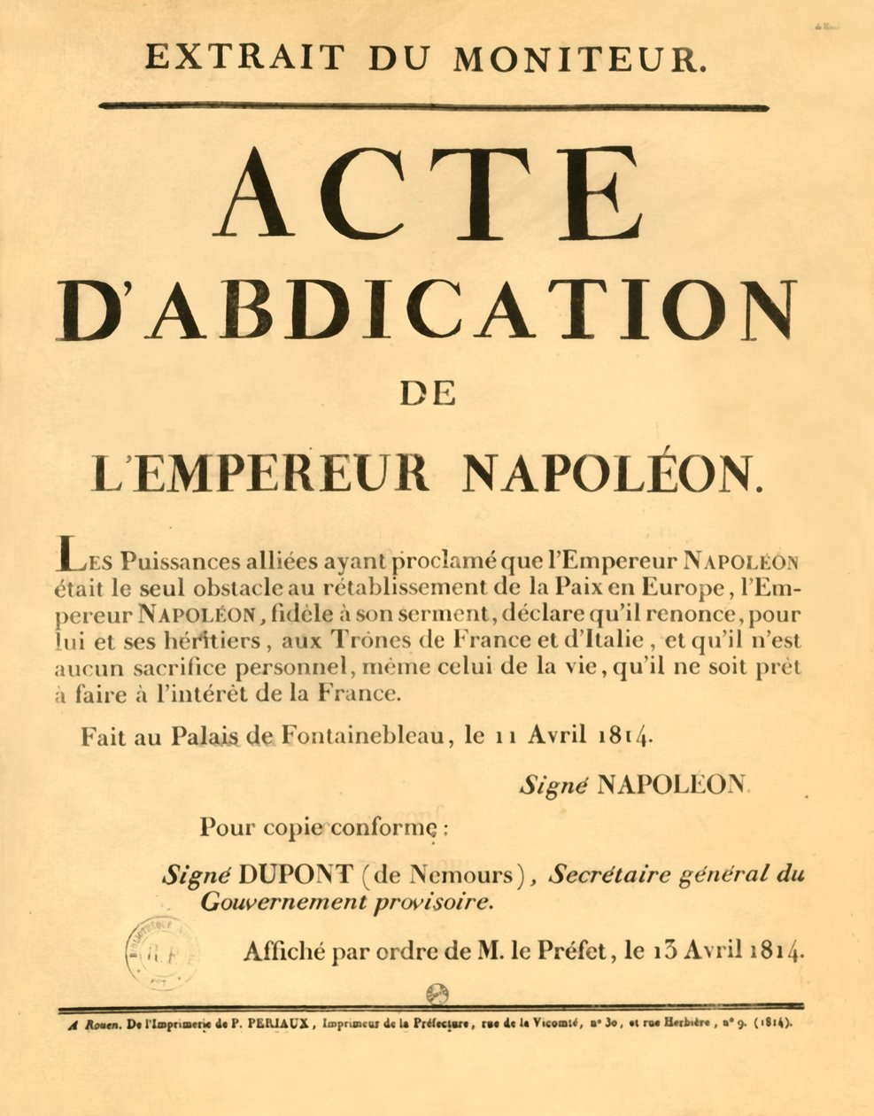 Aviso anunciando a abdicação do Imperador Napoleão, 11 de abril de 1813, 1921. de Unbekannt