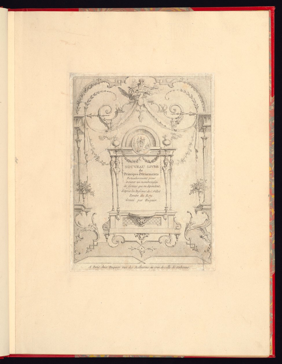 Novo livro de princípios de ornamentos particularmente para encontrar um número infinito de formas que dependem, de acordo com os desenhos de Gillot. Peintre du Roy, gravada por Huquier; página de rosto de Unbekannt