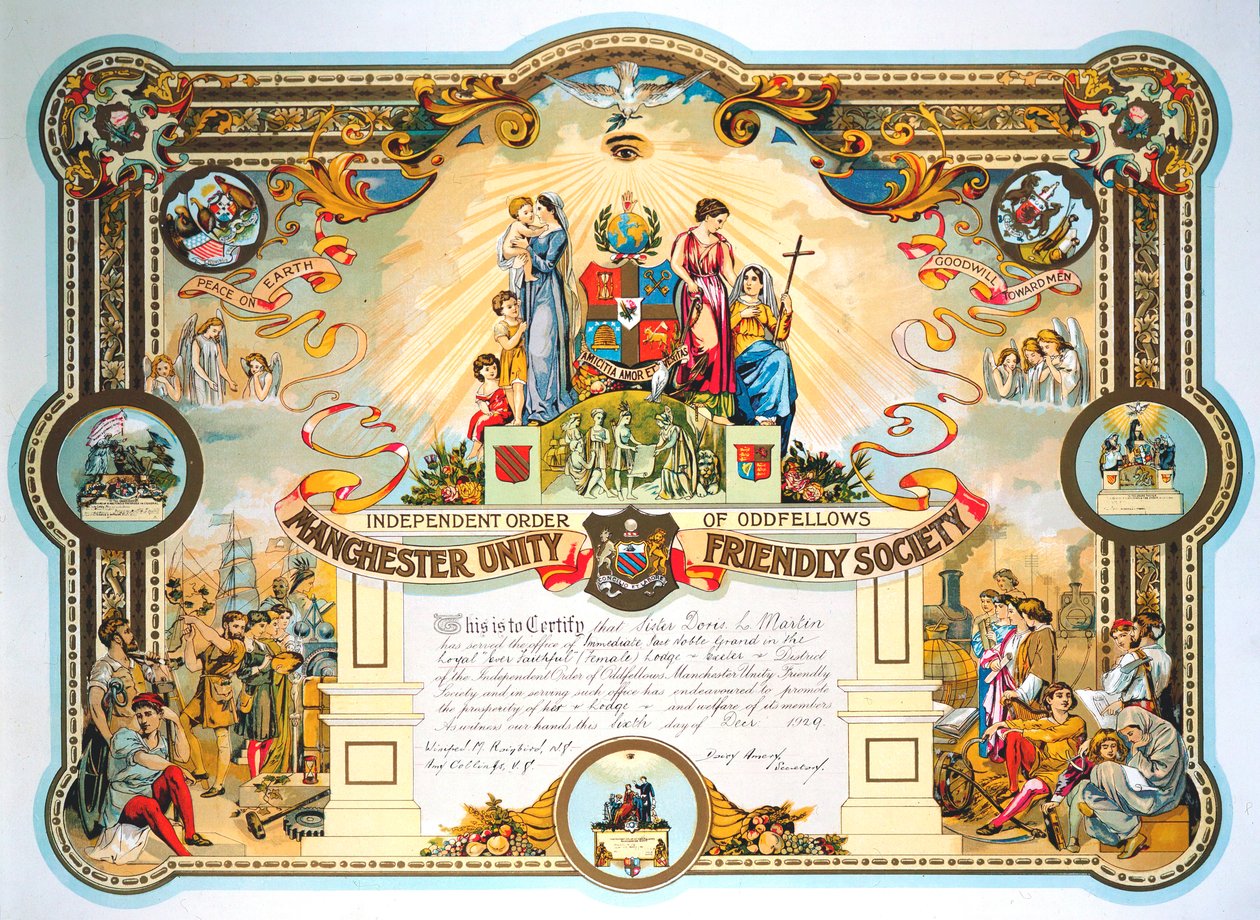 Certificado de detentores de escritório da Loja Feminina da Sociedade Amigável da Unidade de Manchester, 1929 de Unbekannt