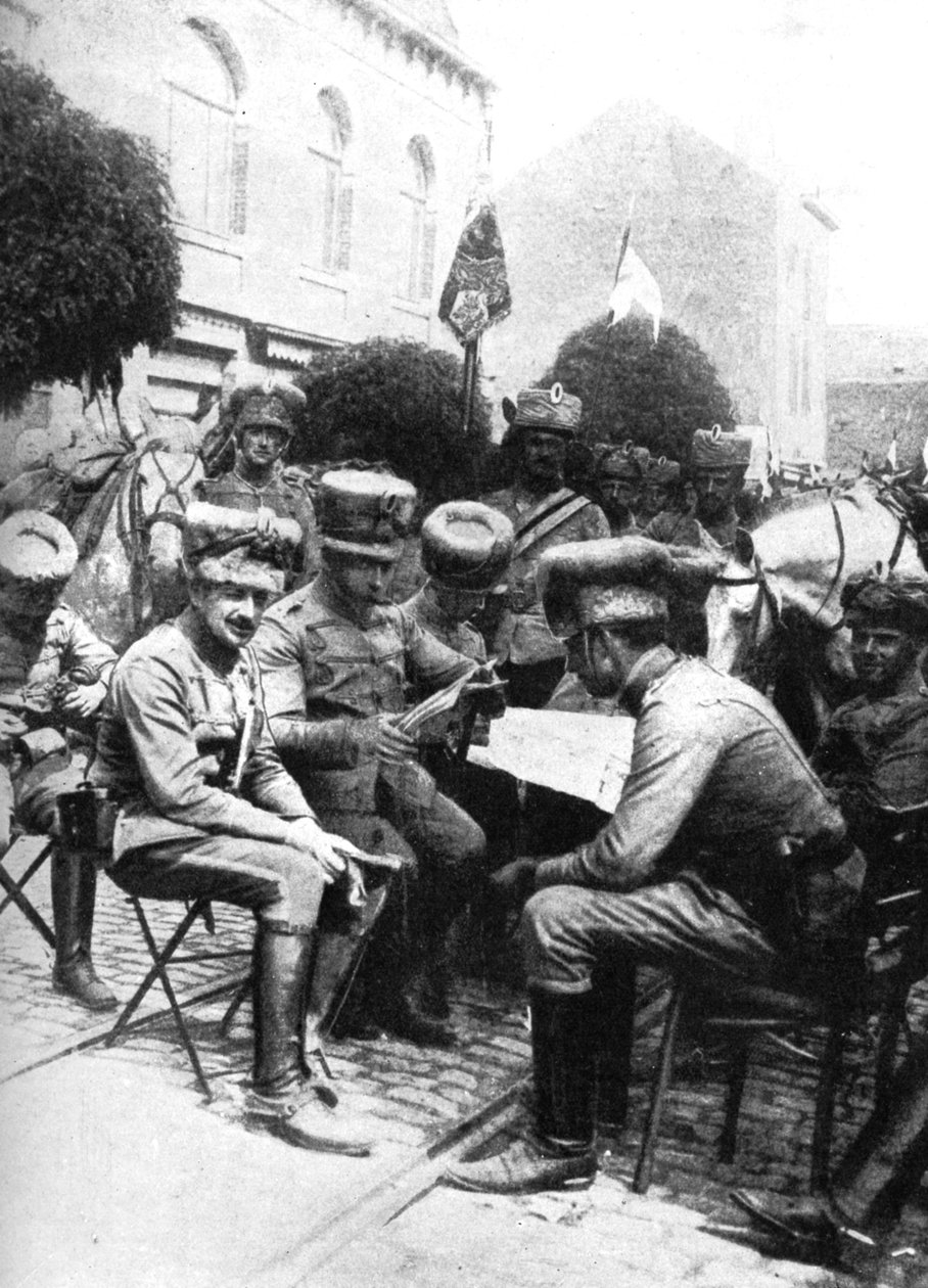 Oficiais nos Hussardos, Chaussee de Louvain, Bruxelas, Primeira Guerra Mundial, 1914 de Unbekannt