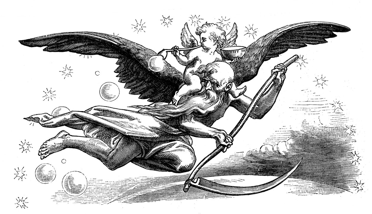 Velho pai Time com sua foice, carregando o ano novo, 1870 de Unbekannt