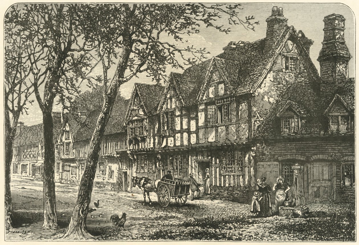 Casas antigas sob o castelo de Warwick, 1898. de Unbekannt