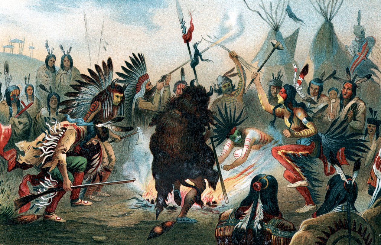 Oleografia de uma dança de guerra Sioux, c1890 de Unbekannt