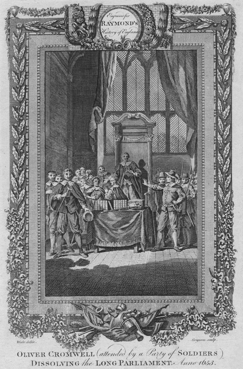 Oliver Cromwell assistiu a uma cidade de soldados dissolvendo o longo parlamento. Anno 1653, c1787 de Unbekannt