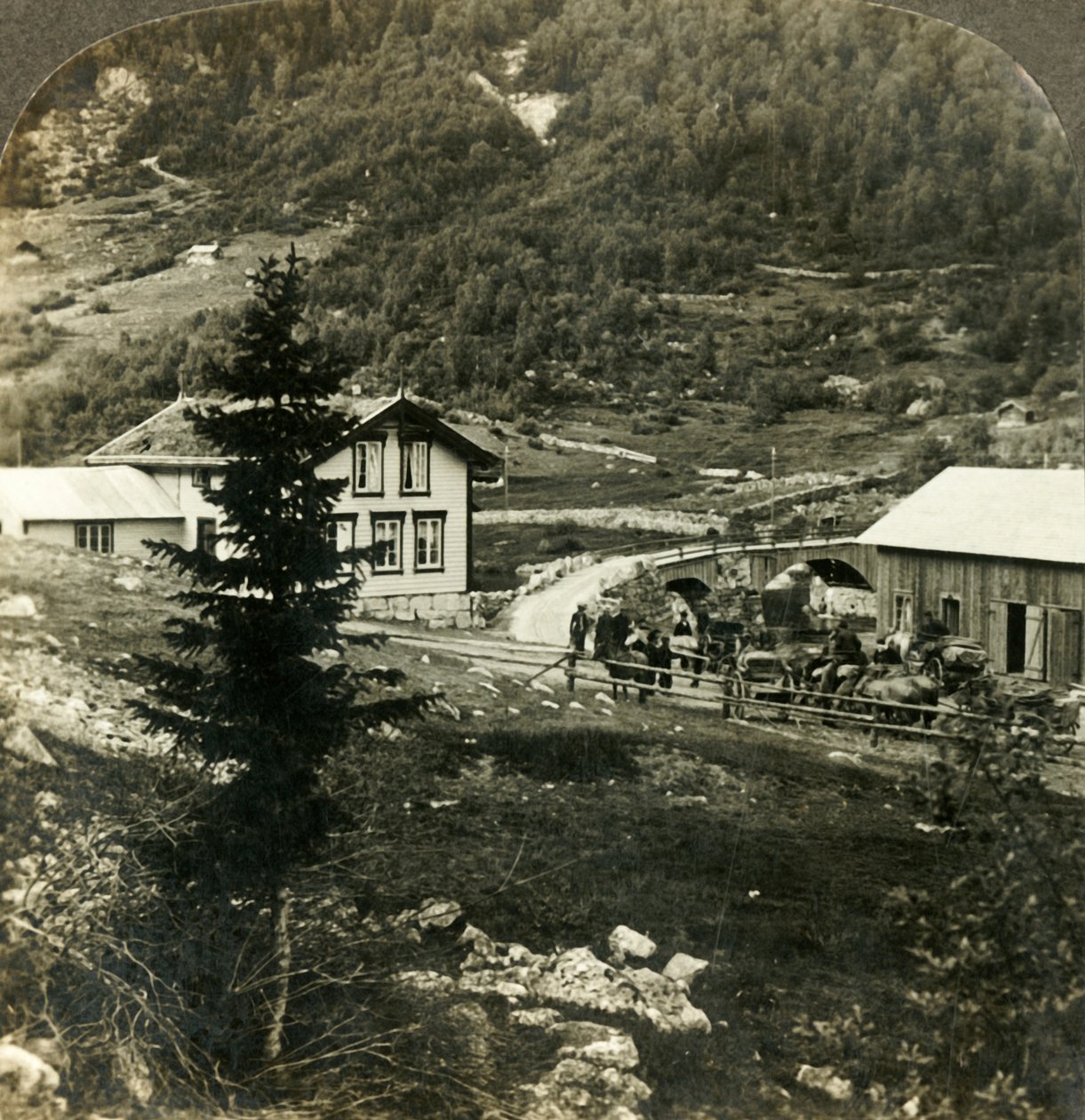Na estrada pitoresca de Telemarken - cavalos em mudança na estação de skyds de Grundesbro, Noruega, c1905. de Unbekannt