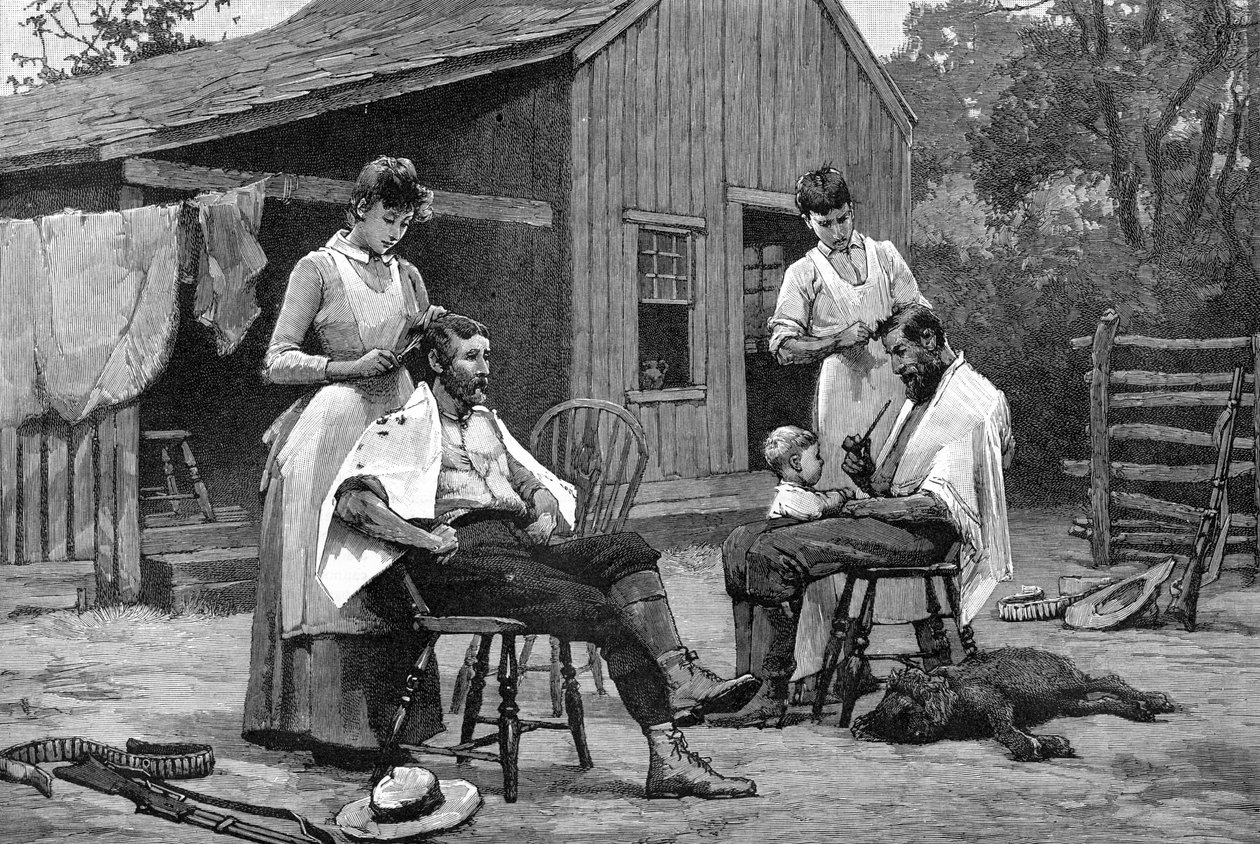Um dos deveres de Ladys - Corte de cabelo em família, 1889 de Unbekannt
