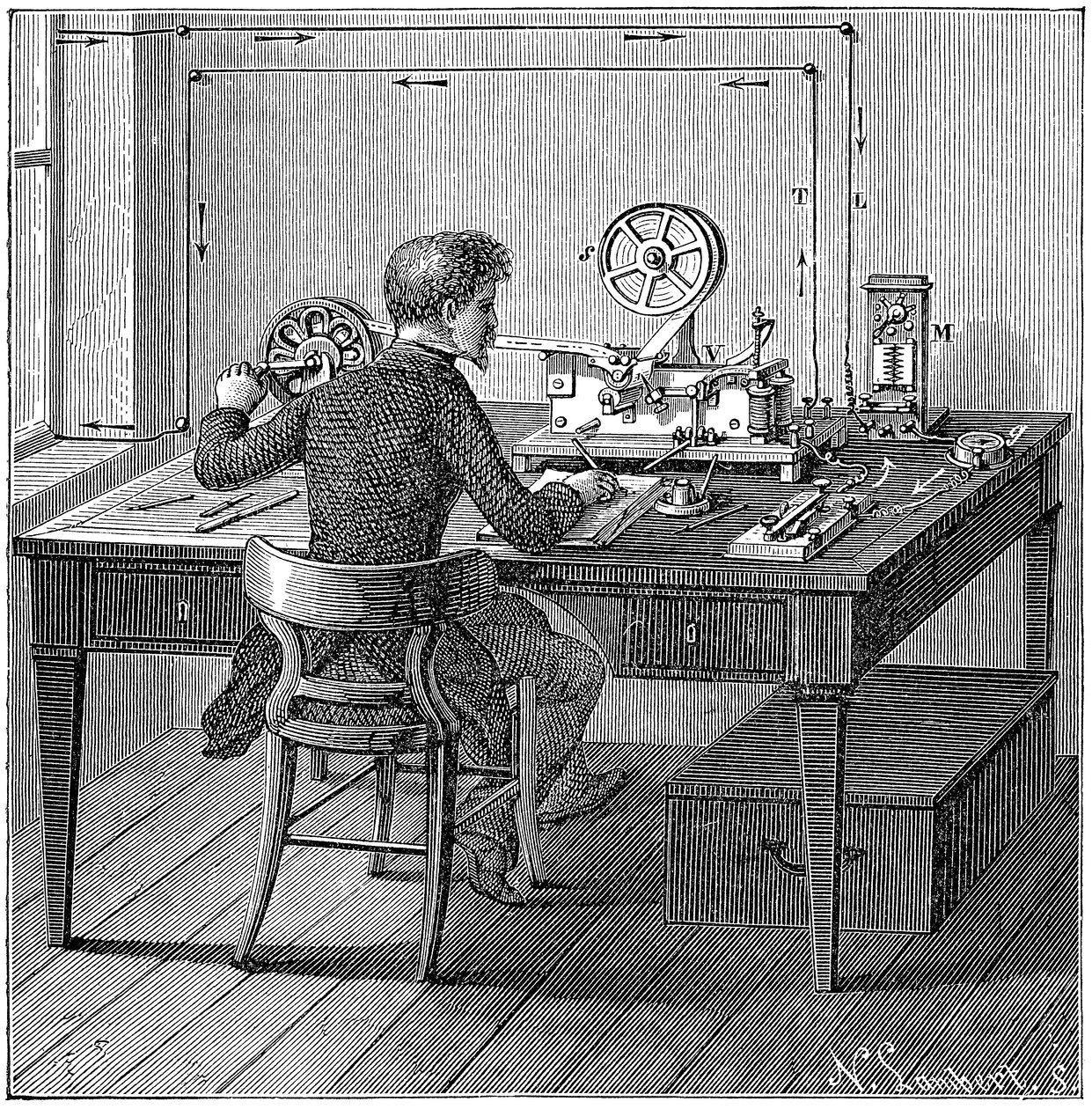 Operador recebendo uma mensagem em código Morse em um telégrafo de impressão elétrica, 1887 de Unbekannt