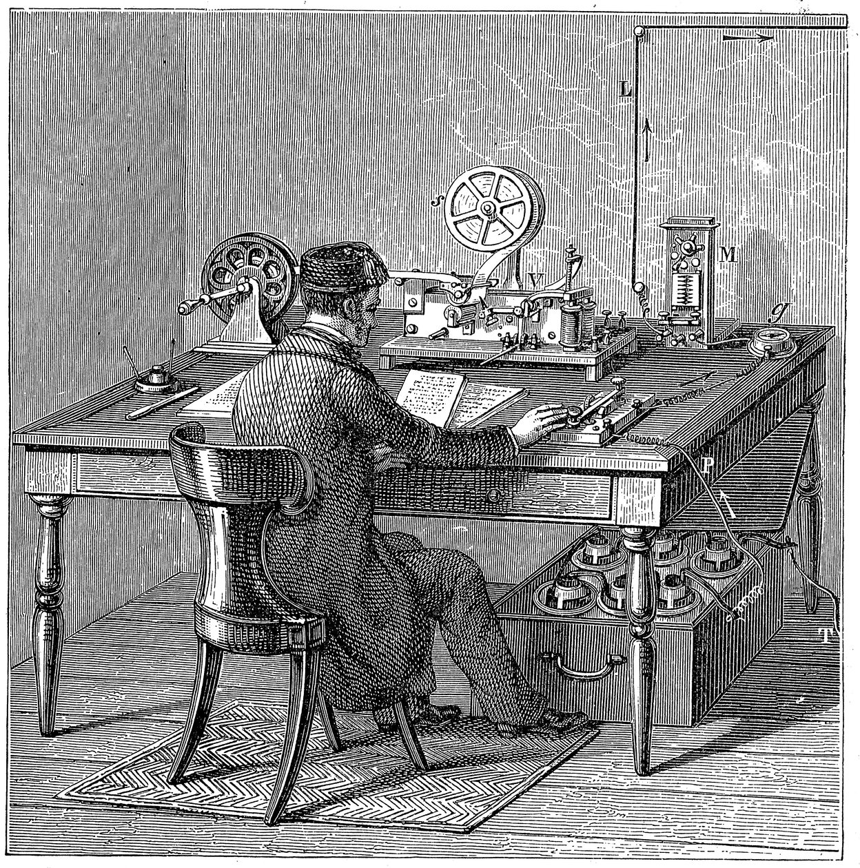 Operador enviando uma mensagem em um telégrafo de impressão elétrica Morse, 1887 de Unbekannt