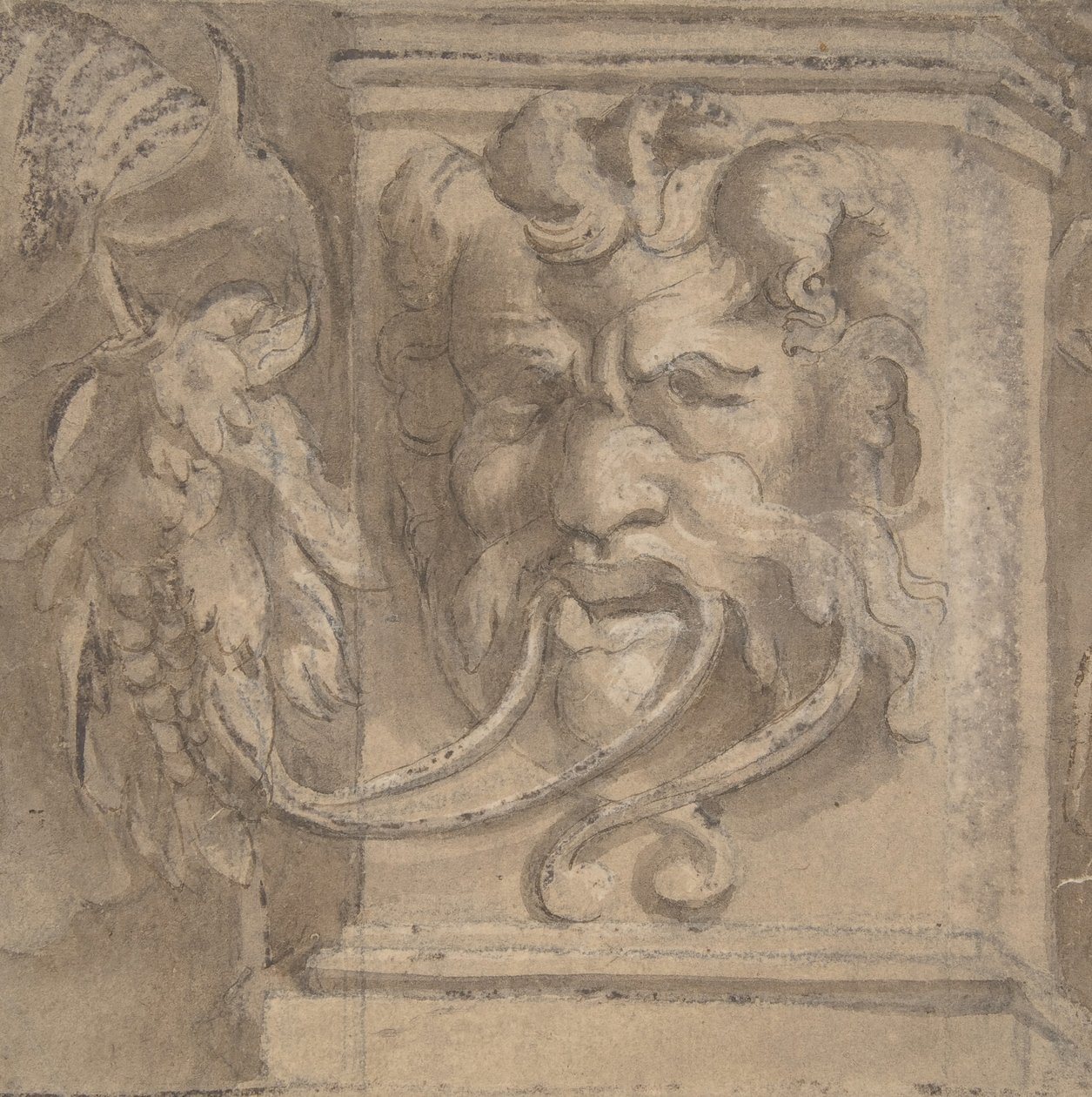Desenho ornamental com máscara de estilo antigo, 1550-1600. de Unbekannt