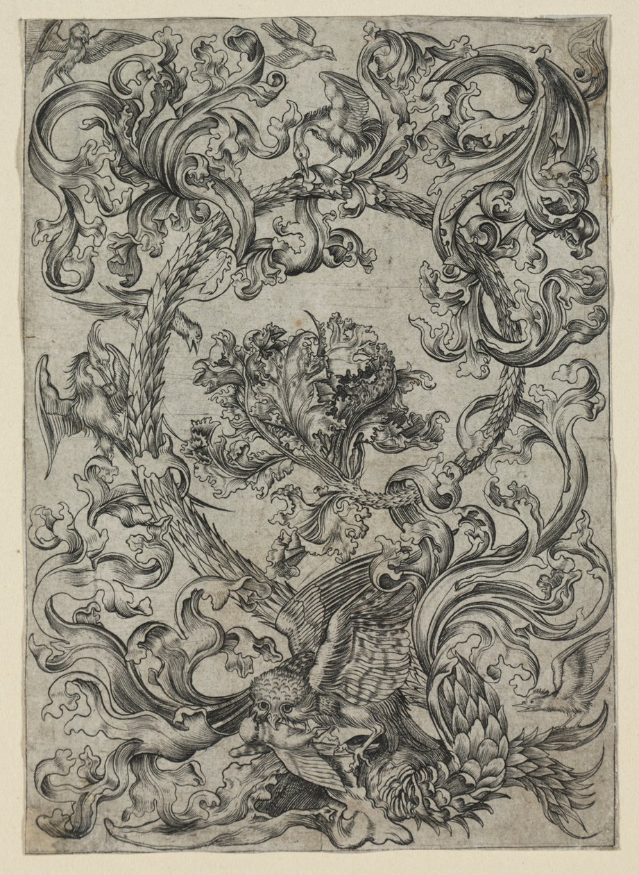 Folhagem decorativa, com uma coruja e outros pássaros, anos 1400. de Unbekannt