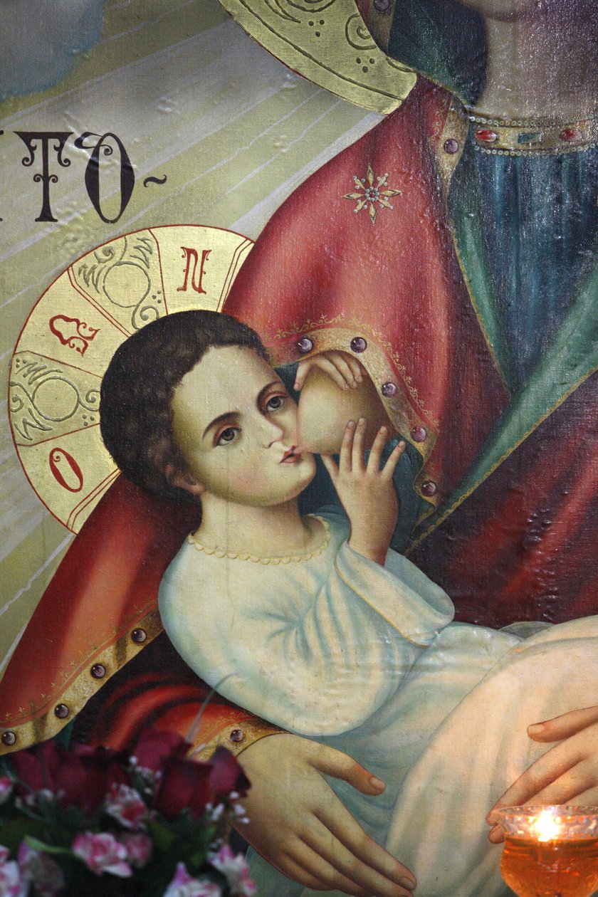 Ícone ortodoxo na igreja do mosteiro de São Gerassimos: Jesus amamentado por sua mãe, , Israel de Unbekannt