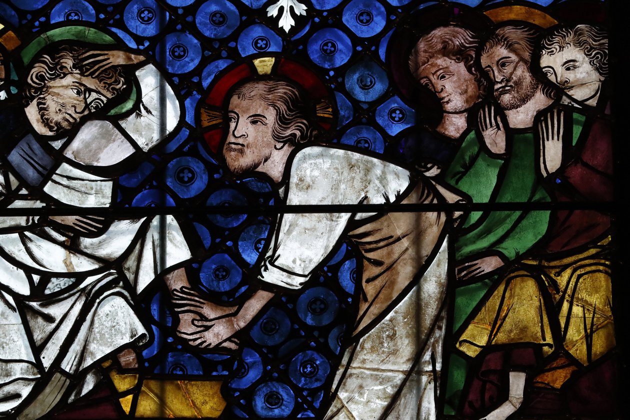 A Catedral de Nossa Senhora de Estrasburgo. Janela de vidro manchado. Cristo Lavando os Pés dos Apóstolos. Século XIV. Estrasburgo. França. de Unbekannt