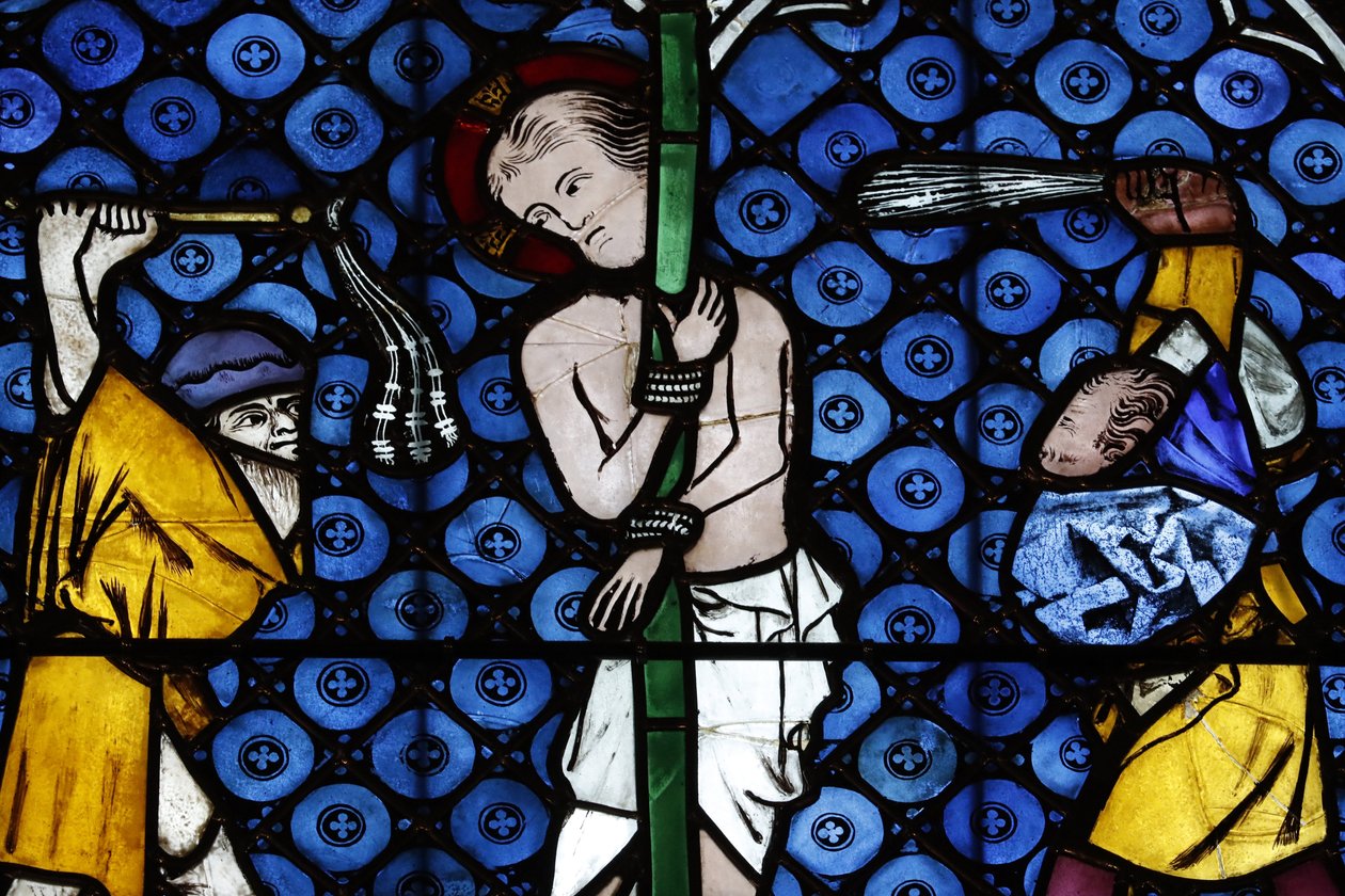A Catedral de Nossa Senhora de Estrasburgo. Janela de vidro manchado. Cristo na sua paixão. A flagelação. Século XIV. Estrasburgo. A França. de Unbekannt