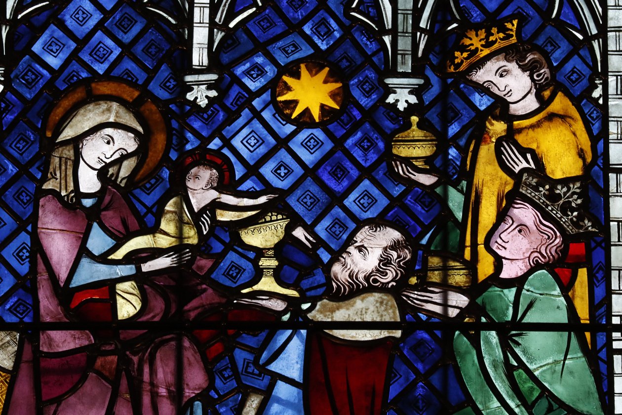 A Catedral de Nossa Senhora de Estrasburgo. Janela de vidro manchado. A Natividade. A adoração dos Magos. Século XIV. Estrasburgo. França. de Unbekannt